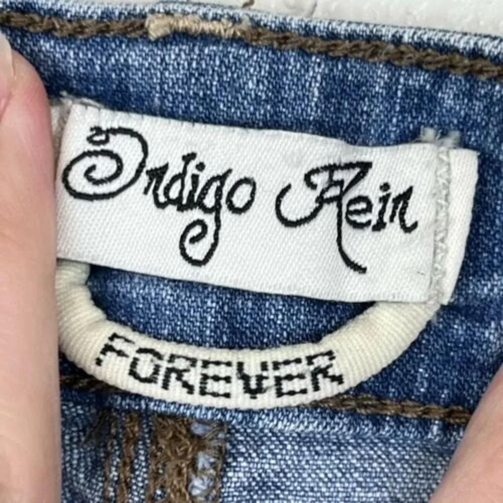 Jean Shorts Indigo Rein Cuffed Denim Blue Whiskered Stretch Size 13 Distressed - Picture 5 of 8